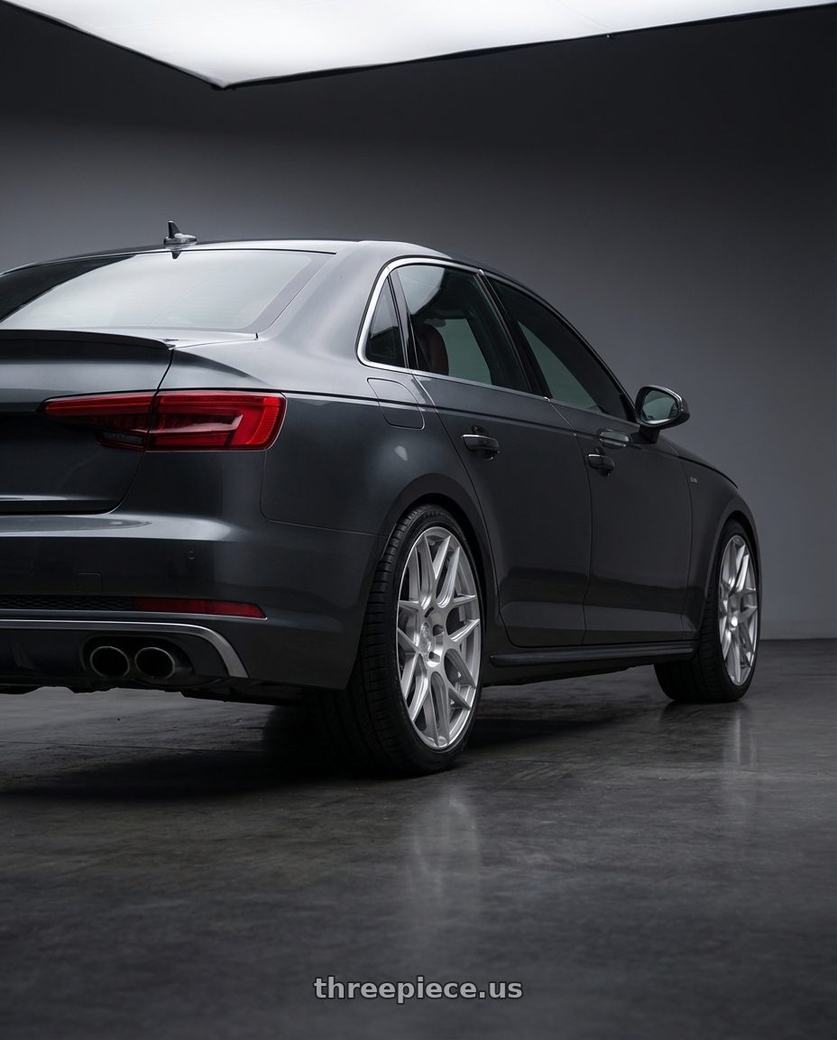 2023 Audi S4 B9 with Aodhan AFF2 5x112 19x9.5+35 Gloss Silver Machined Face wheels rear three quarter view square tires