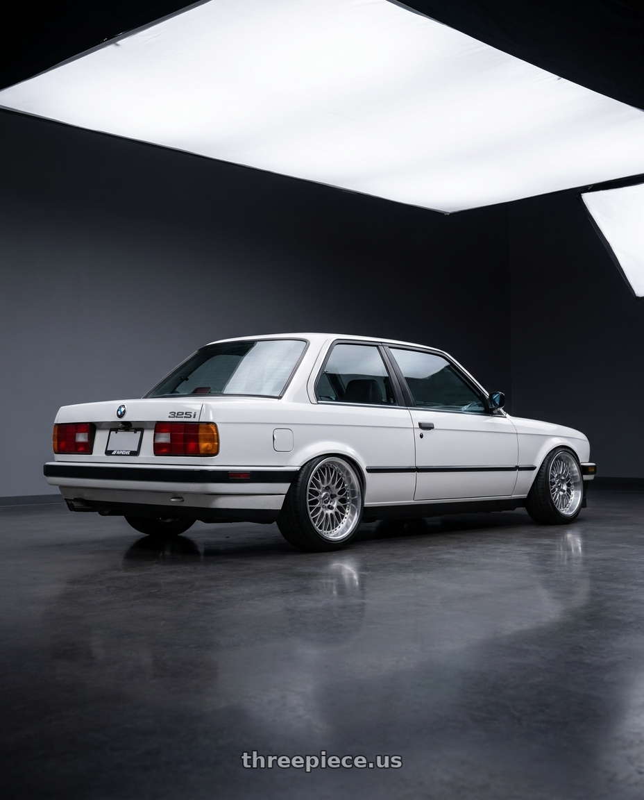 1989 BMW 325i with Work Emotion Cr Kiwami 5x120 17x9 +17 Gt Silver wheels rear three quarter view slight stretch tires