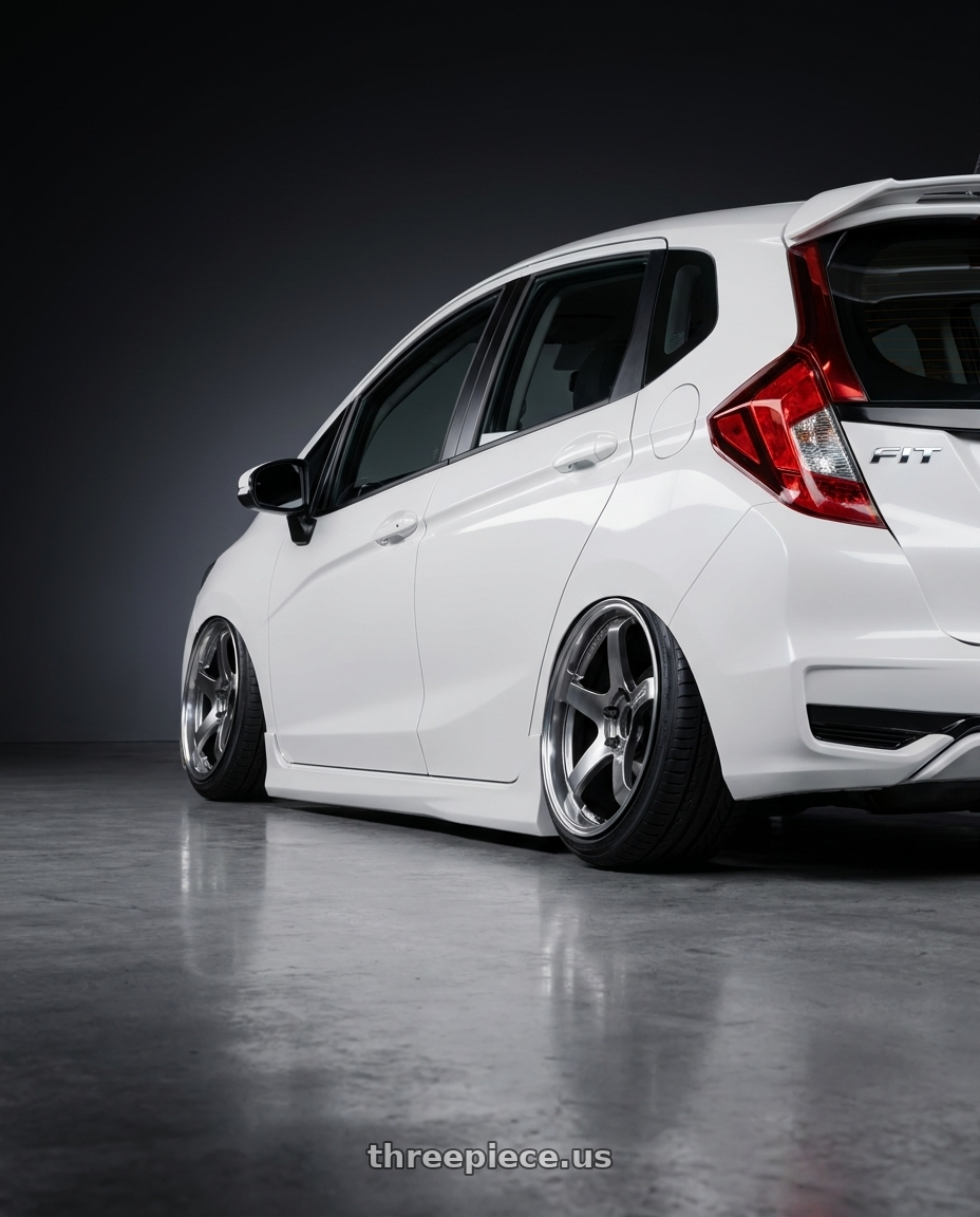 2020 HONDA FIT with Advan Racing GT for PORSCHE 5x130 19x8.5 +50 MACHINING & HYPER PLATINUM BLACK wheels rear three quarter view extreme stretch tires
