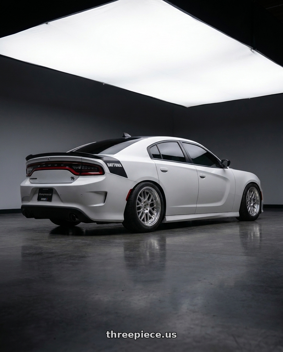 2021 dodge charger with SSR Professor MS3 5x115 20x9.5+25 HP Disk Titan Silver wheels rear three quarter view square tires