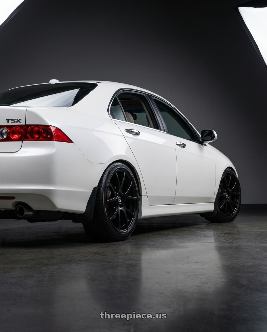 2005 Acura Tsx  with Enkei M52 5x114.3 17x7.5+40 Black wheels rear three quarter view slight stretch tires