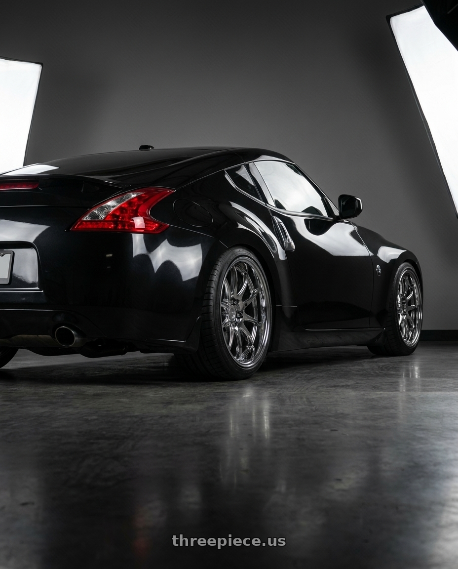 2017 Nissan 370Z with Aodhan DS02 5x114.3 19x11+22 Vacuum Chrome wheels rear three quarter view square tires