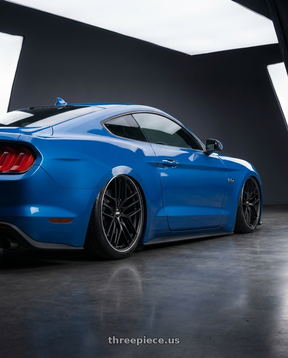 2022 Ford Mustang GT with BBS CC-R 5x114.3 20x10.5+25 Satin Black wheels rear three quarter view slight stretch tires