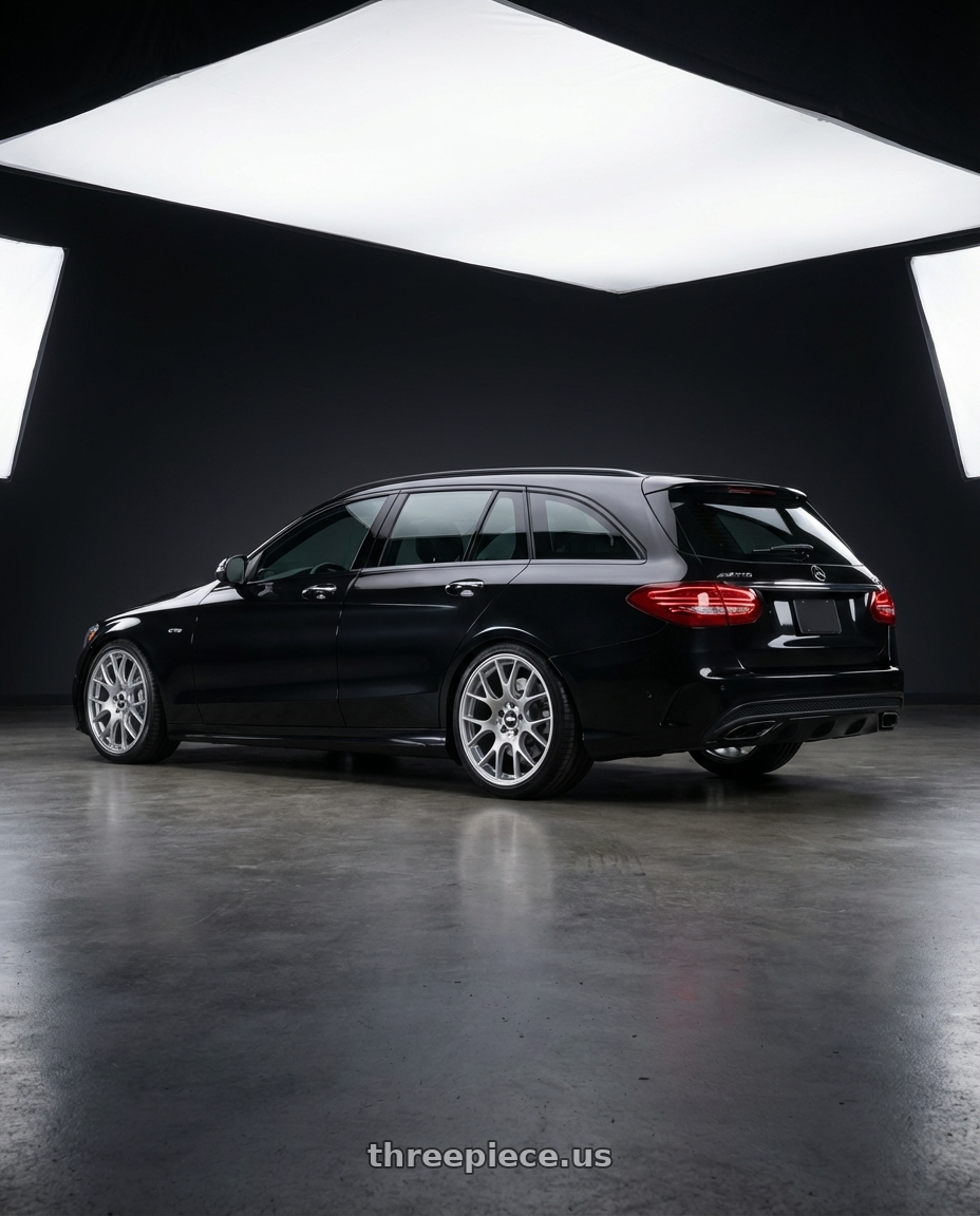 2019 C43 Mercedes  with BBS CH-R 5x112 19x8.5 +32 Brilliant Silver Polished Rim Protector wheels rear three quarter view slight stretch tires