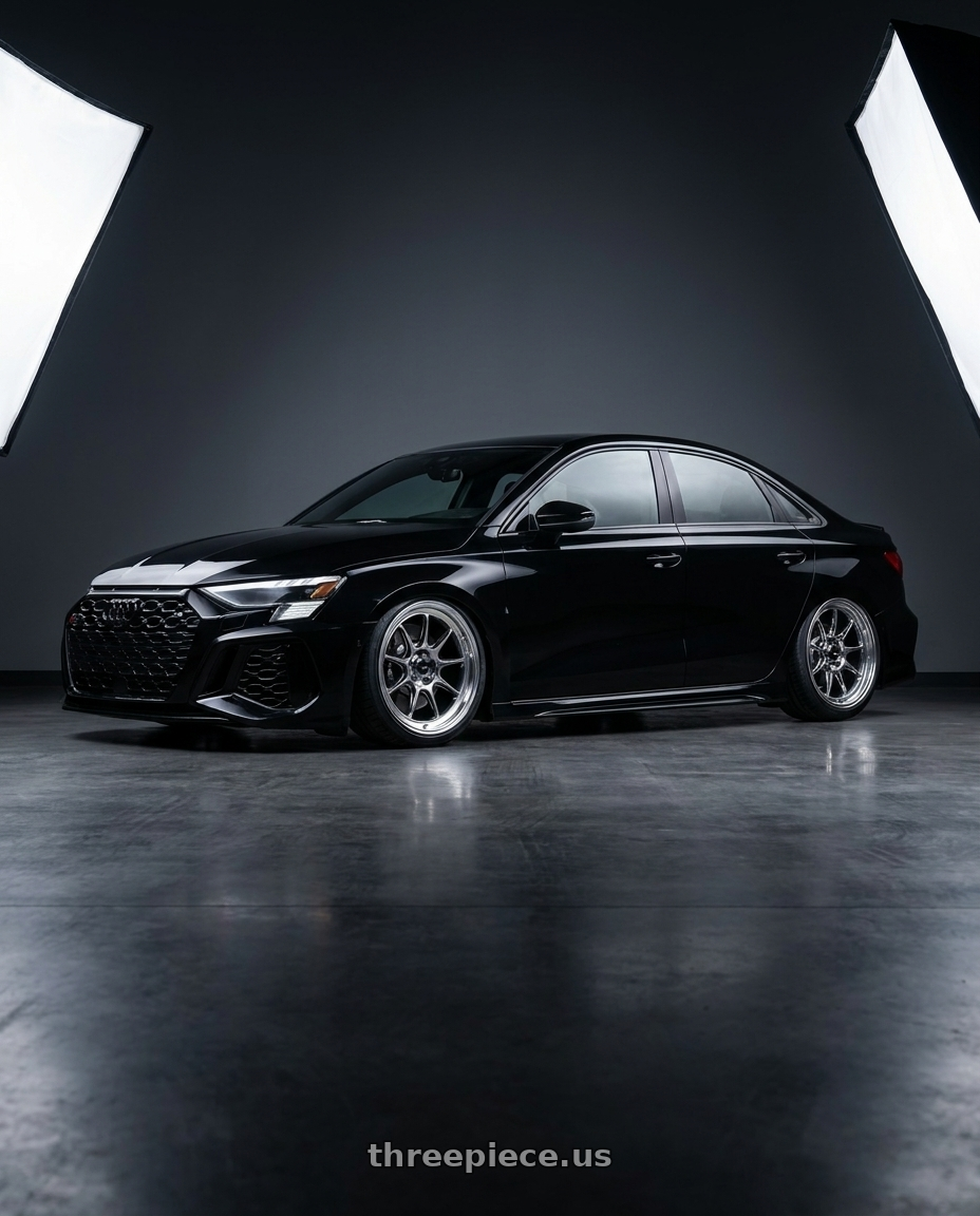 2022 Audi RS3 8Y with Konig Countergram 5x112 19x11+40 Hyper Chrome / Machined Lip wheels rear three quarter view slight stretch tires