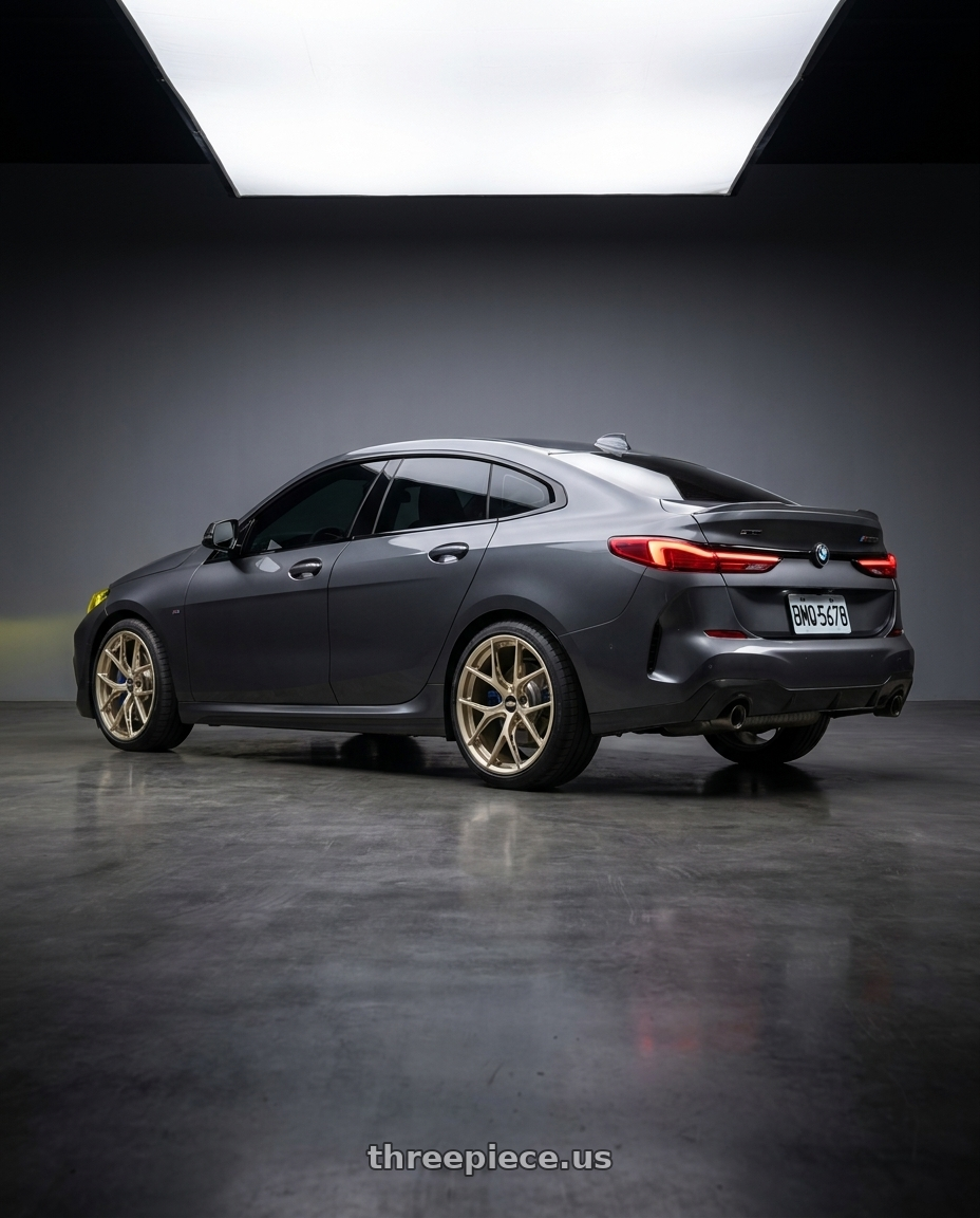 2021 BMW F44 with BBS FI-R Evo 5x112 19x9.5+15 White Gold wheels rear three quarter view square tires