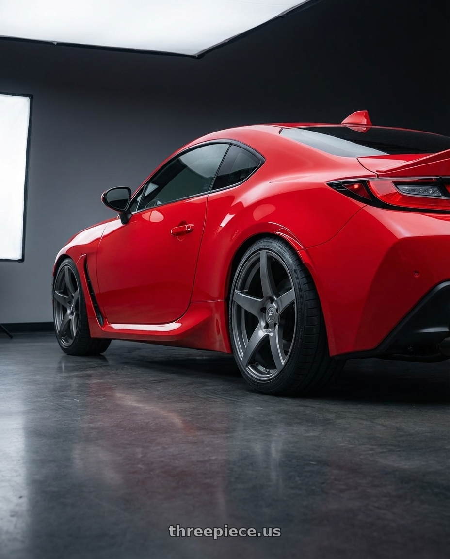 2024 Toyota GR86 with Forgestar CF5 5x114.3 18x10 +42 Gloss Anthracite wheels rear three quarter view square tires