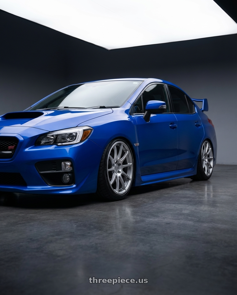 2018 Subaru WRX STI with Ssr Gtv02 5x114.3 18x7.5+43  GLARE SILVER wheels front three quarter view stanced stance