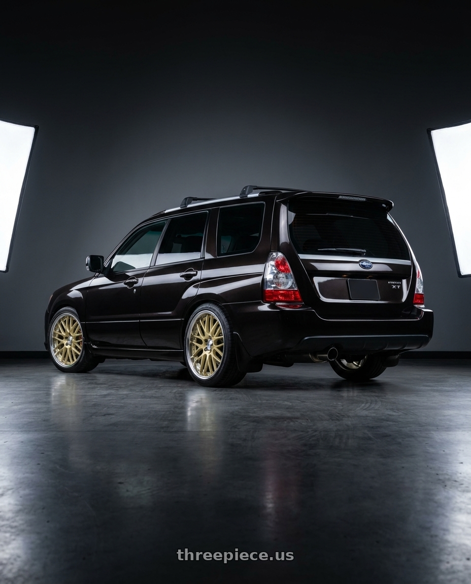 2004 Subaru forester xt, Java black pear with Work Lanvec Lm1 5x100 18x8+38 O Disk Light Metallic Gold wheels rear three quarter view square tires