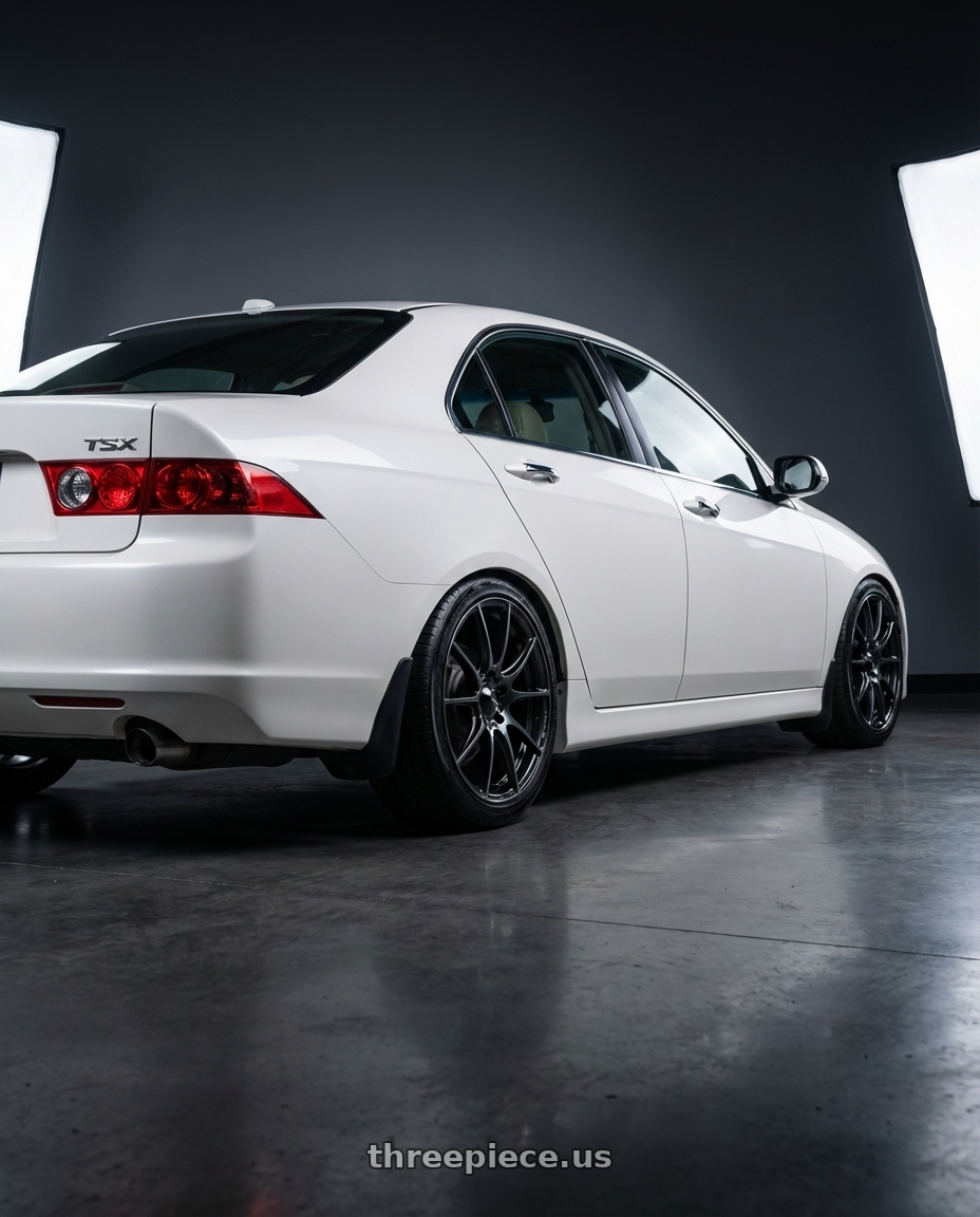 2005 Acura tsx with WedsSport SA-25R 5x114.3 17x7.5+45 Weds Black Clear wheels rear three quarter view slight stretch tires