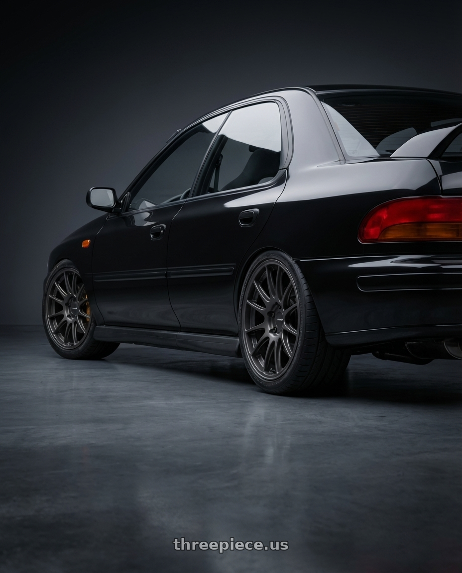 1998 Subaru Impreza GC8 with Enkei GTC01RR 5x112 18x8.5+45 Matte Gunmetallic wheels rear three quarter view square tires