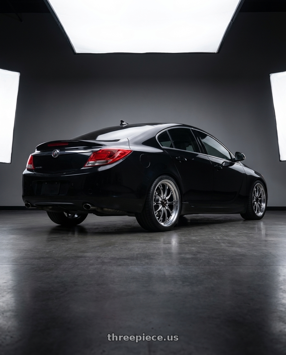2013 Buick Regal Premium Turbo, black onyx with WELD Performance Belmont 5x120 20x9 +38 Gloss Black/Milled Diamond Cut Lip wheels rear three quarter view square tires