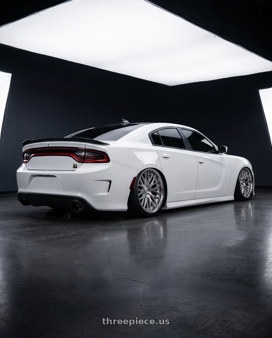 2021 Dodge Charger ScatPack with Work Gnosis Gr204 5x114.3 19x10.5+22 W Disk Brush Silver Clear wheels rear three quarter view slight stretch tires