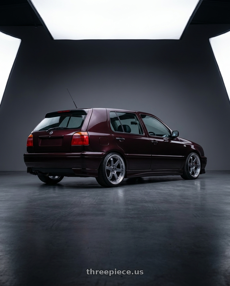 1995 vw golf mk3 hatchback ABT , Dark Burgundy Pearl with F1R F106 5x114.3 17x8 +35 Gunmetal/Polish Lip wheels rear three quarter view square tires
