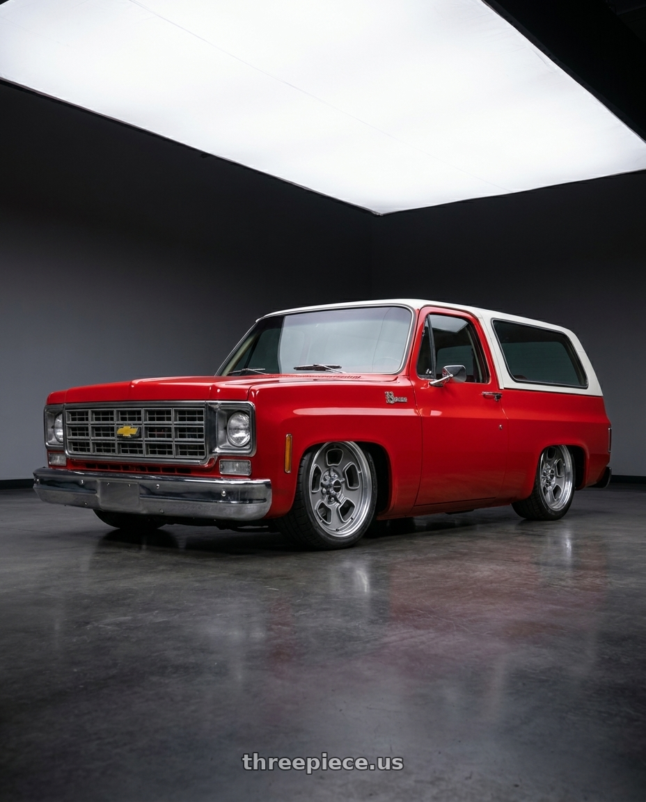 1978 Chevrolet K5 Blazer with Vision American-Muscle 148 Shift 5x120.65 17x9+0 Satin Grey Machined Face/Lip wheels