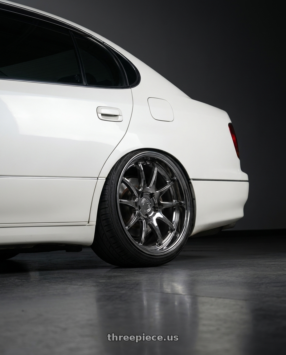 2001 Toyota Aristo V300 with Aodhan DS02 5x114.3 19x11+22 Vacuum Chrome wheels rear three quarter view square tires