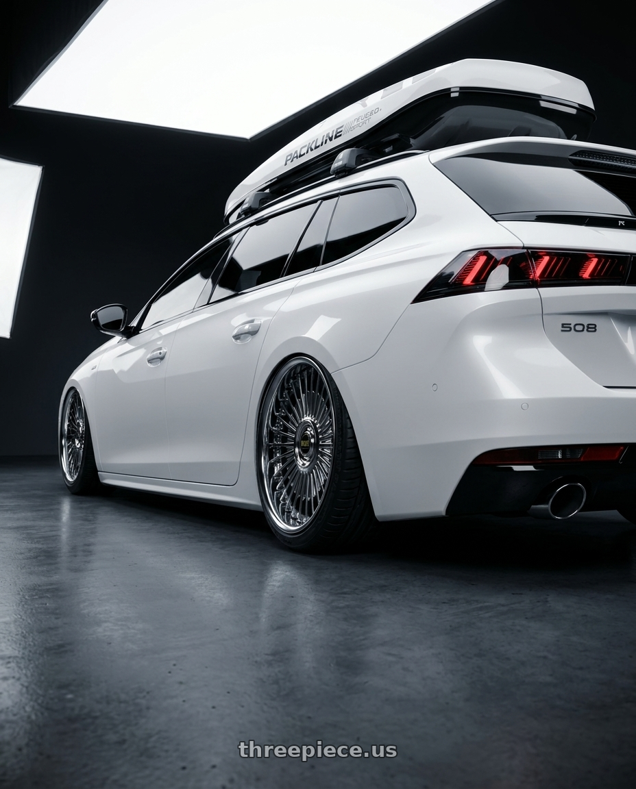 2021 Peugeot 508 SW with Work Emitz Black Polish 5x100 19x9.0 +0 wheels rear three quarter view extreme stretch tires