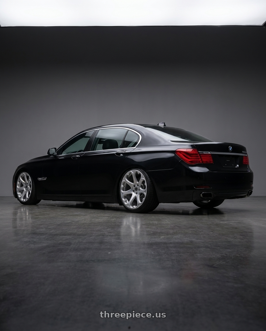 2011 BMW 750li with Heritage Wheel Kokoro MonoC 5X120 20x9+35 Silver wheels rear three quarter view meaty tires