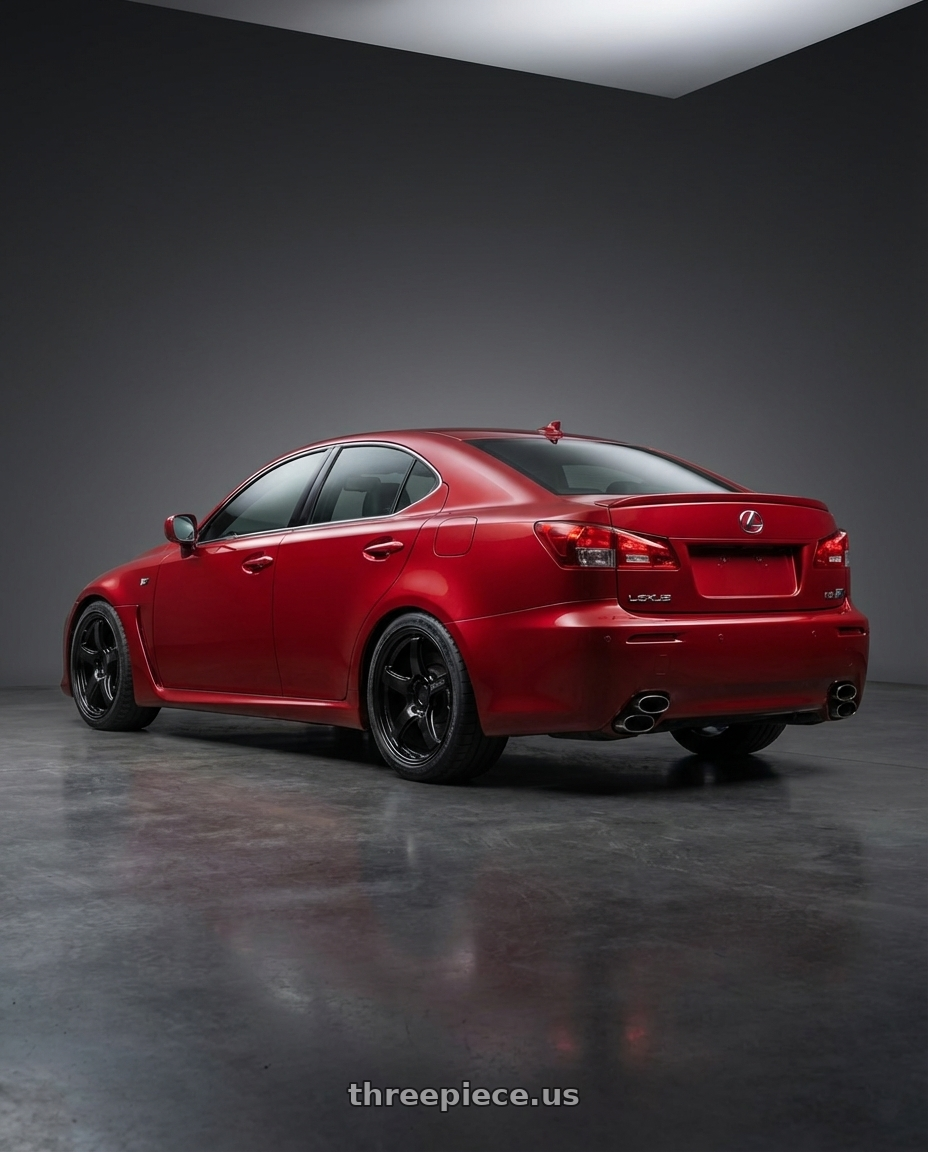 2012 Lexus IS-F with Gram Lights 57CR 5x114.3 19x8.5+35 Glossy Black wheels rear three quarter view square tires