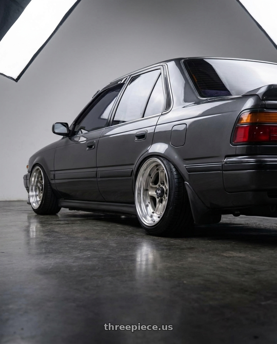 1993 toyota corona 灰色 with Work Equip 40 4x114.3 15x9.5 -35 a disk Brut Silver wheels rear three quarter view slight stretch tires