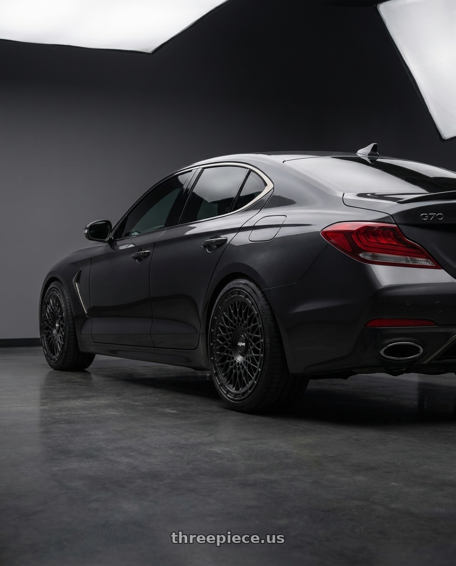 2019 Genesis G70 with Rotiform 1PC R174 LHR-M BLANK 19X8.5 +35 MATTE BLACK wheels rear three quarter view slight stretch tires