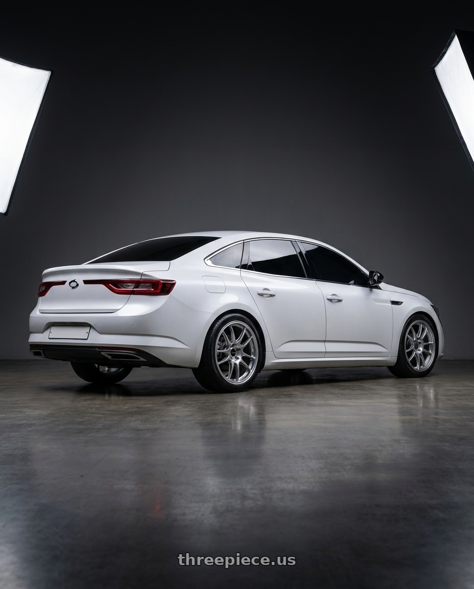 2022 르노 삼성 더뉴SM6 클라우드 펄 with Enkei GTC02 5x114.3 19x8.5+35 Hyper Silver wheels rear three quarter view square tires