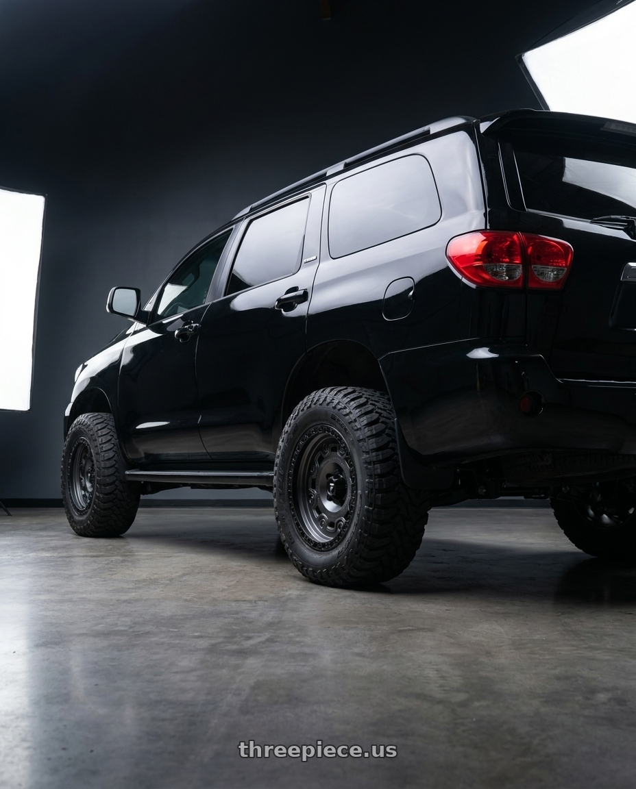 2012 Toyota Sequoia limited with Fittipaldi Offroad FT100AB 8X170 18x9 +18 Anthracite Black wheels rear three quarter view meaty tires