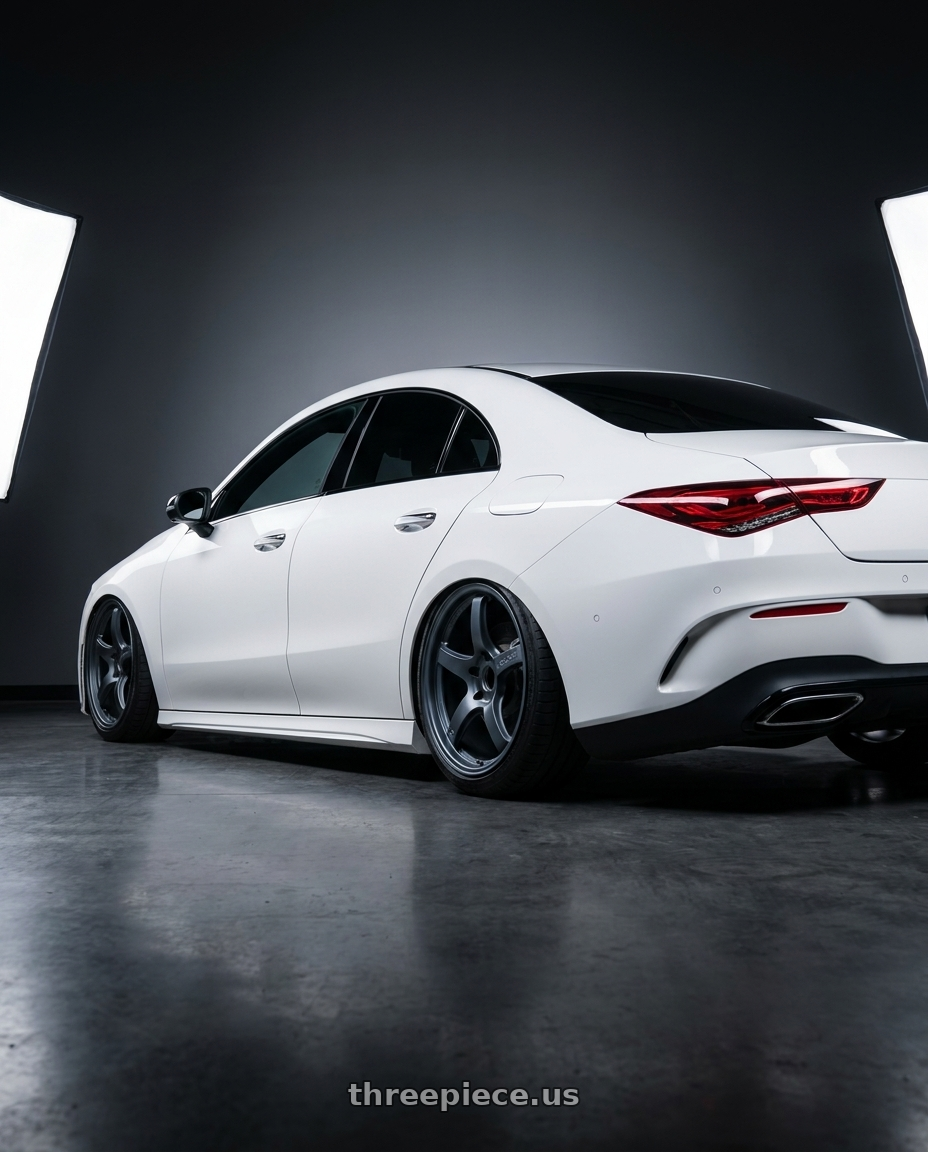 2023 Mercedes-Benz CLA C118 with Gram Lights 57CR 5x112 19x10.5+22 Gunblue II wheels rear three quarter view slight stretch tires