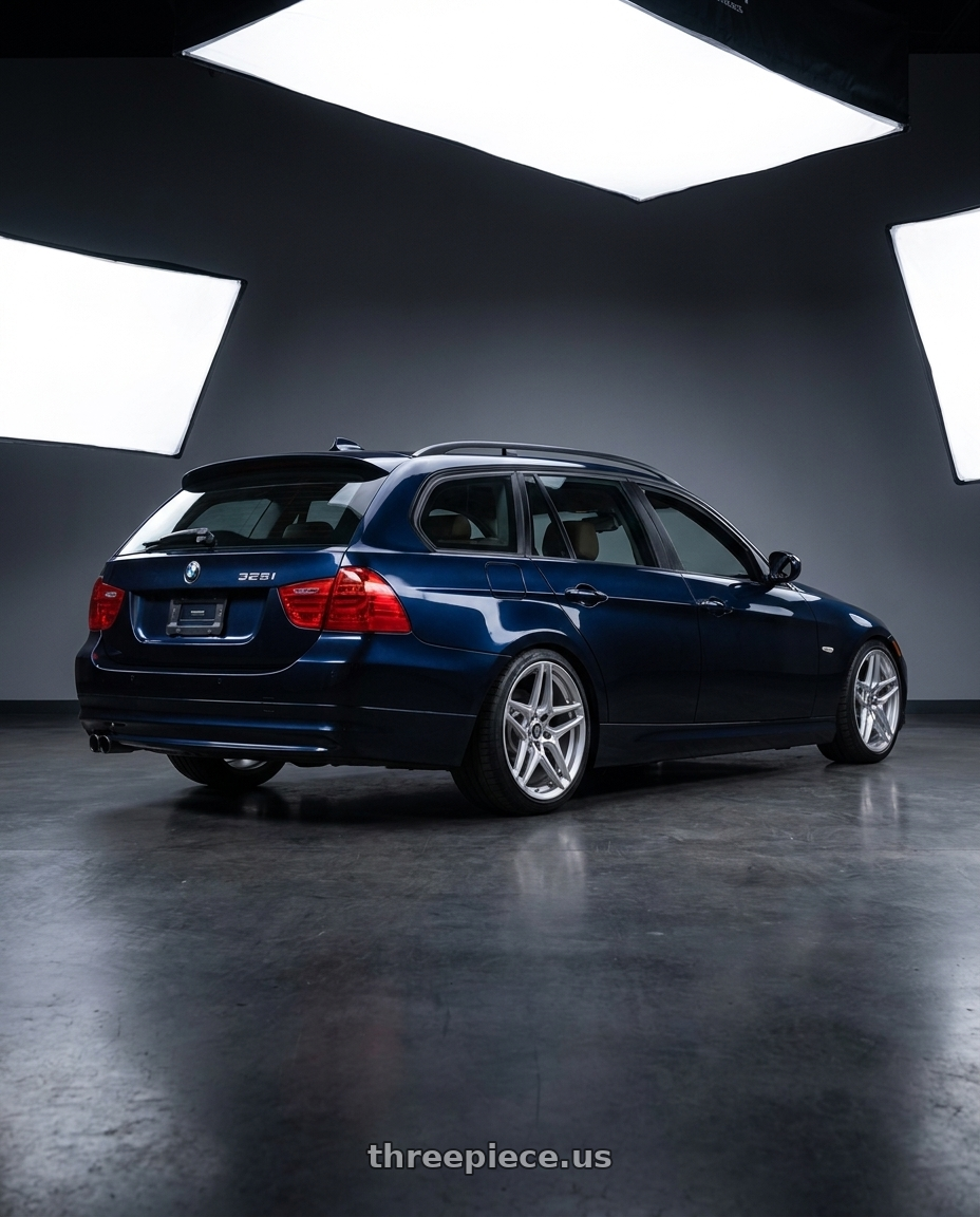 2009 BMW 328i xdrive E91 with Heritage Wheel EBISU MonoC 5x120 18x8.5+35 Silver wheels rear three quarter view square tires