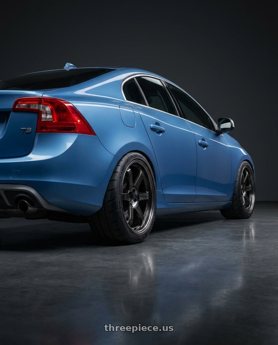 Volvo 2015 s60 T6 r-design with Volk Racing TE37SL 5x114.3 19x10.5+12 Pressed Double Black wheels rear three quarter view meaty tires