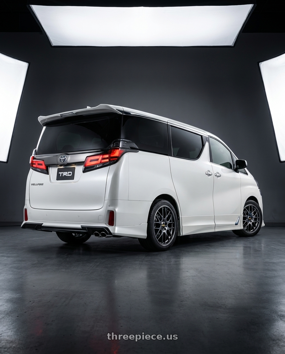 2018 TOYOTA VELLFIRE with BBS RG-R 5x120 19x9.0+20 Diamond Black wheels rear three quarter view square tires