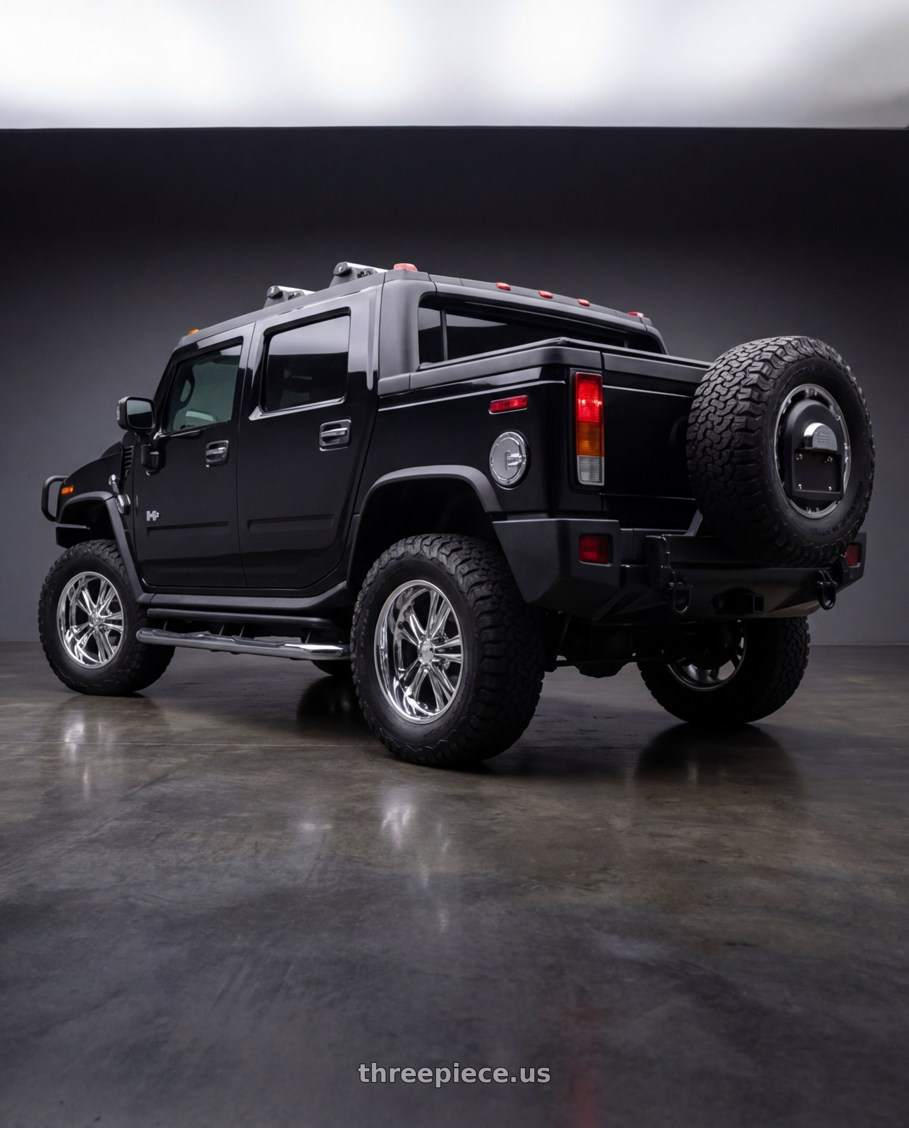 2008 Hummer H2 SUT with Foose 1PC F097 KNUCKLE 5X120.65 18X9.5 +1 CHROME PLATED wheels rear three quarter view meaty tires
