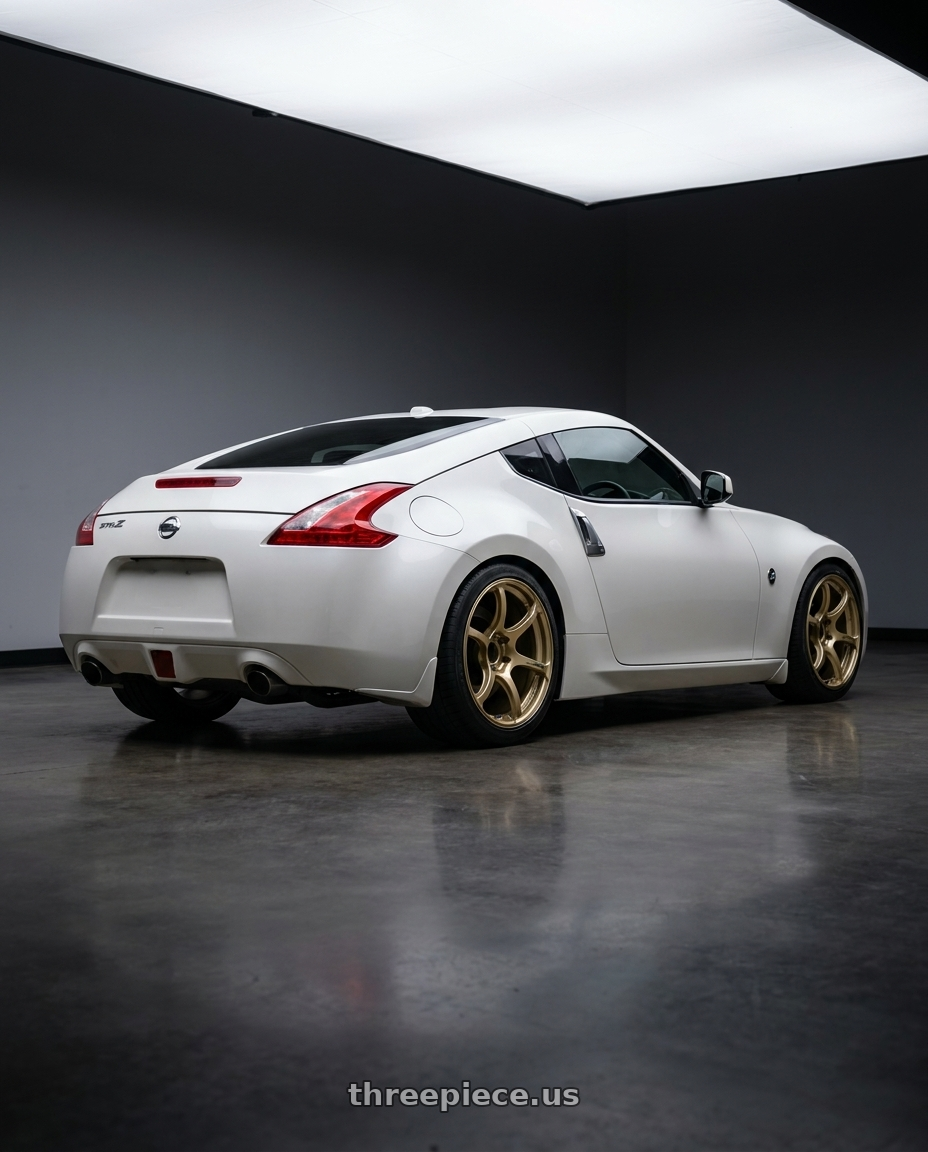 2019 Nissan 370Z with Advan RGIII 5x114.3 19x10.5+15 Gold wheels rear three quarter view square tires