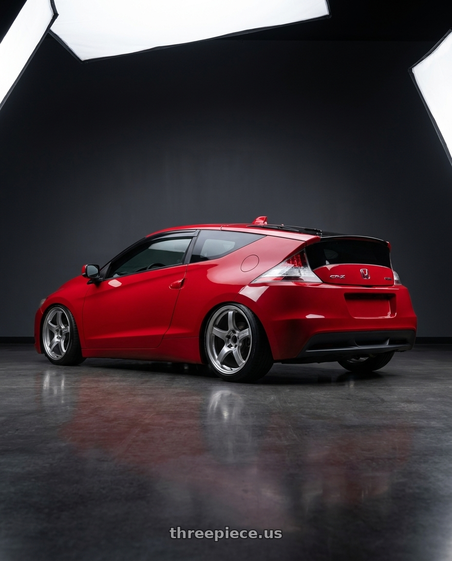 2013 Honda Crz with Gram Lights 57CR 5x114.3 18x9.5+38 Grace Silver wheels rear three quarter view square tires