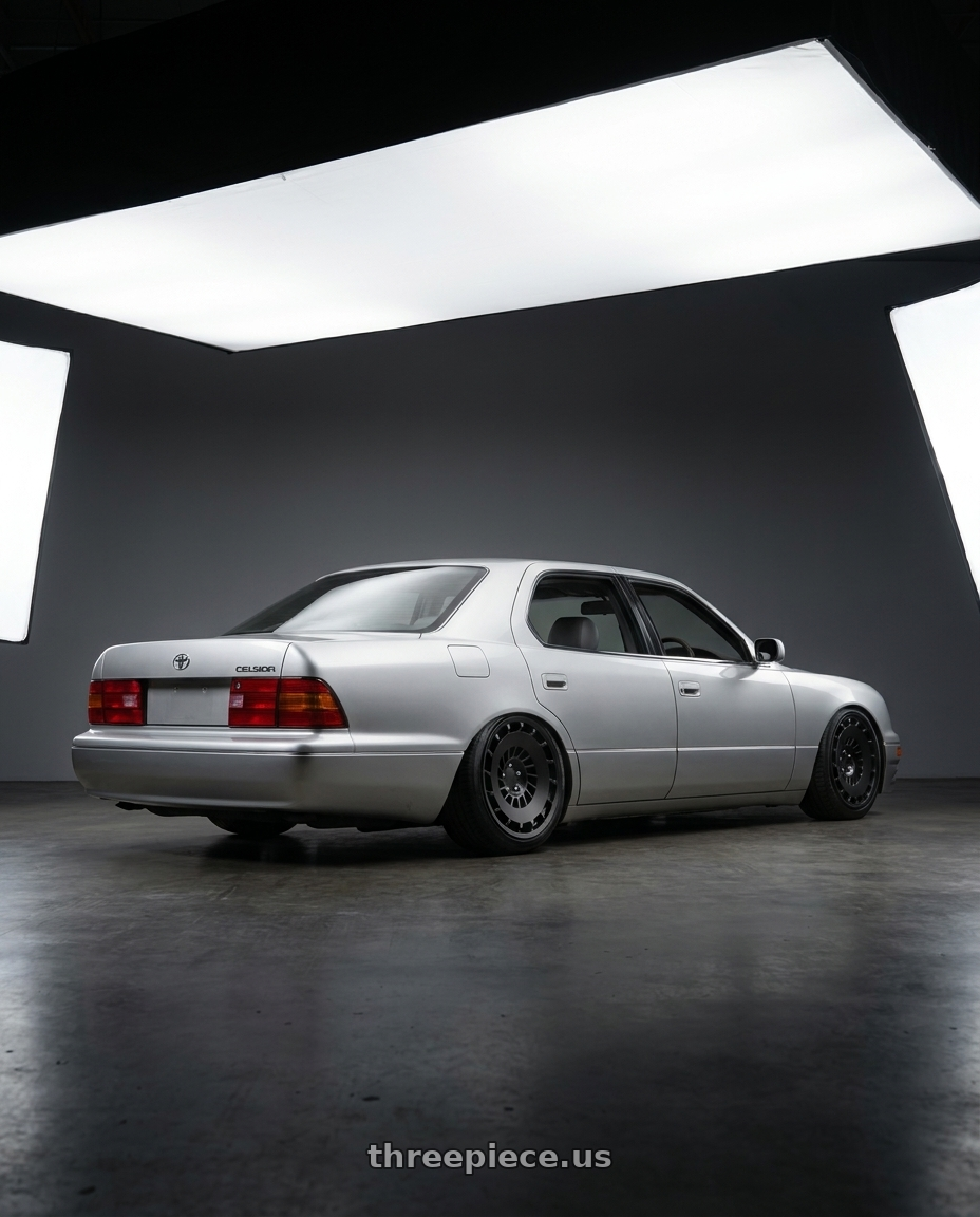 1996 Toyota celsior with Rotiform 1PC R137 CCV 5X112 19X8.5 +45 MATTE BLACK wheels rear three quarter view slight stretch tires