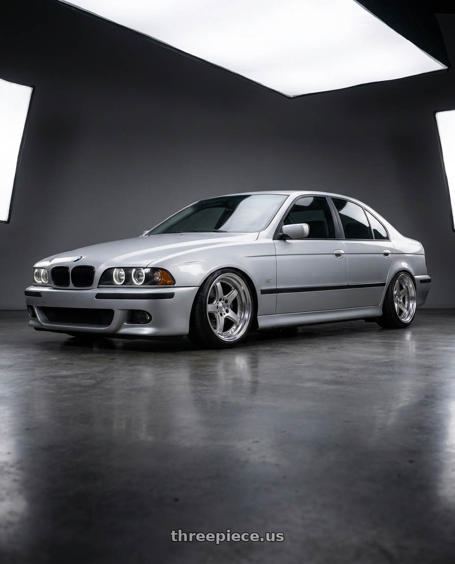 2003 BMW 530i with Work T5R 2P 5x120 18x8.5 +18 GT SILVER wheels front three quarter view lowered stance