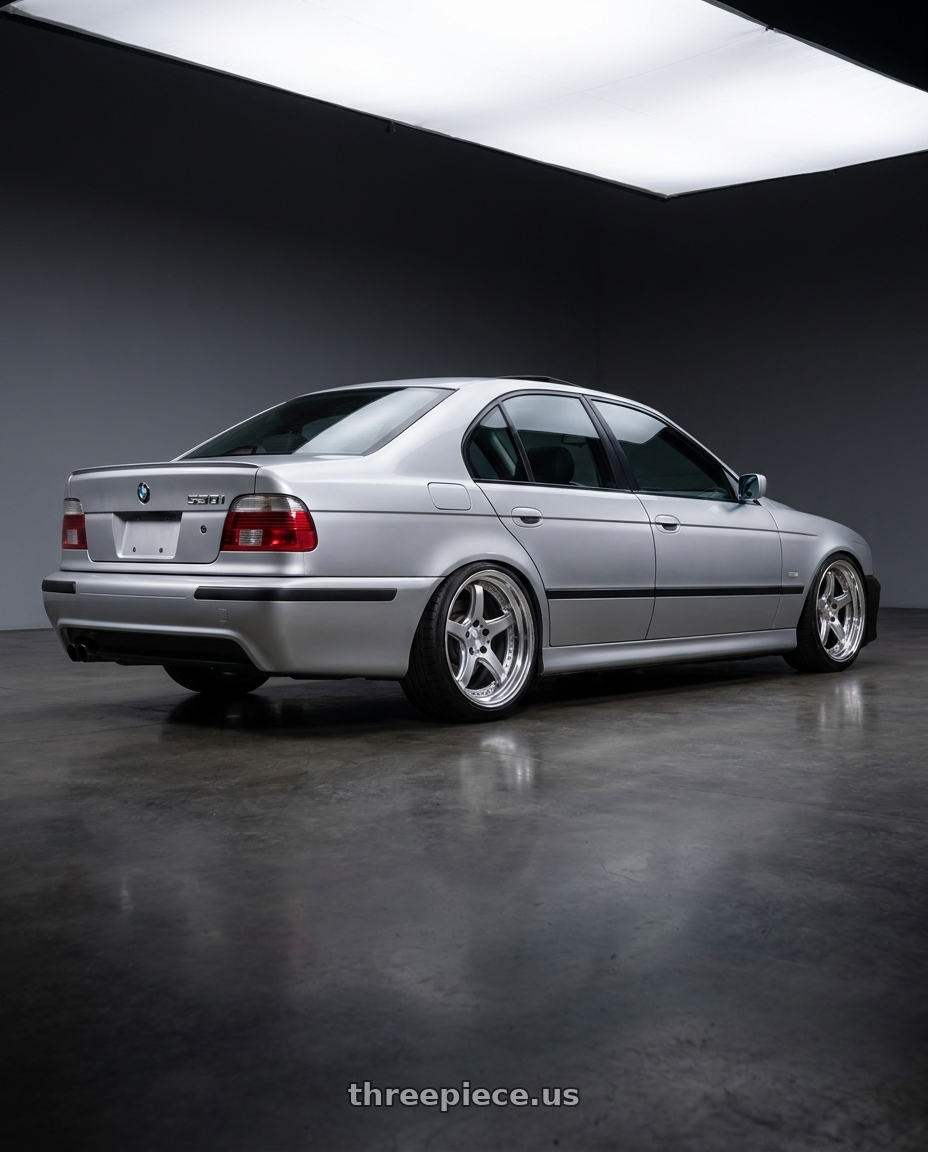 2003 BMW 530i with Work T5R 2P 5x120 18x8.5 +18 GT SILVER wheels rear three quarter view slight stretch tires