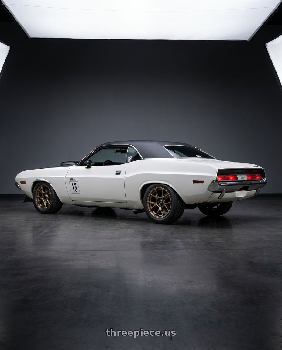 1970 Dodge Challenger with Konig 56BZ Ampliform 5x114.3 18x10 +20 Gloss Bronze wheels rear three quarter view square tires