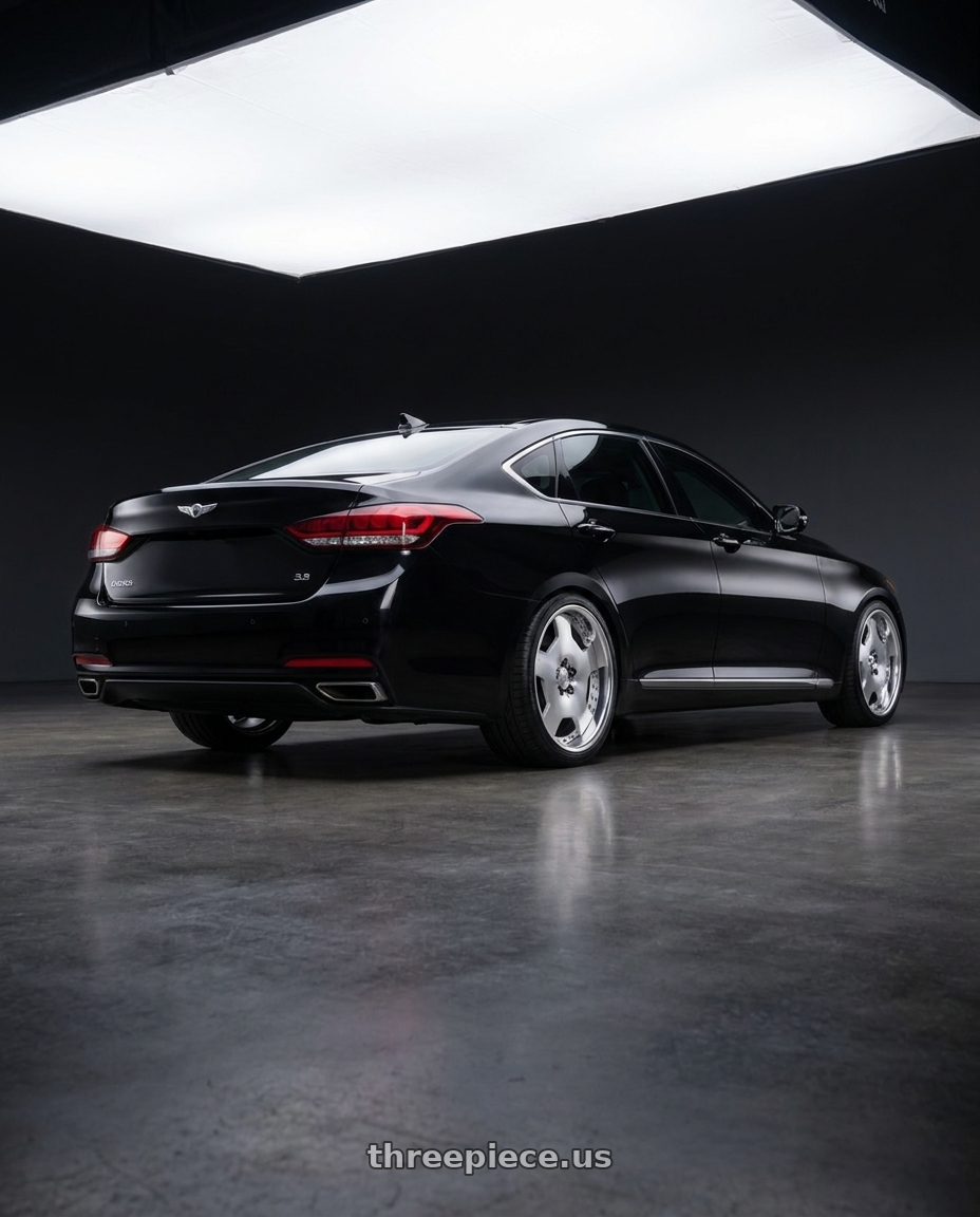 2016 Hyundai Genesis 3 8 with Work Lanvec Ld1 5x114.3 19x8.5+38 A Disk Machine Silver Polish wheels rear three quarter view square tires