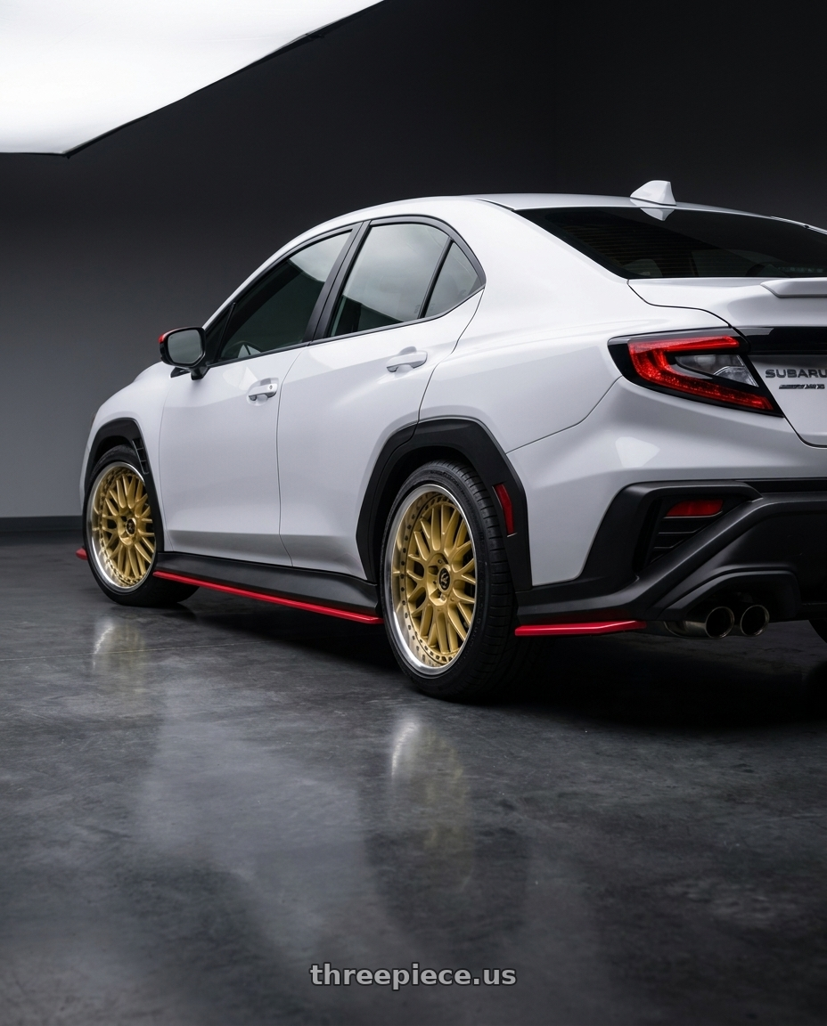 2022 Subaru wrx ceramic white with Work Vs-Xx 5x114.3 18x9+42 T Disk Gold wheels rear three quarter view square tires
