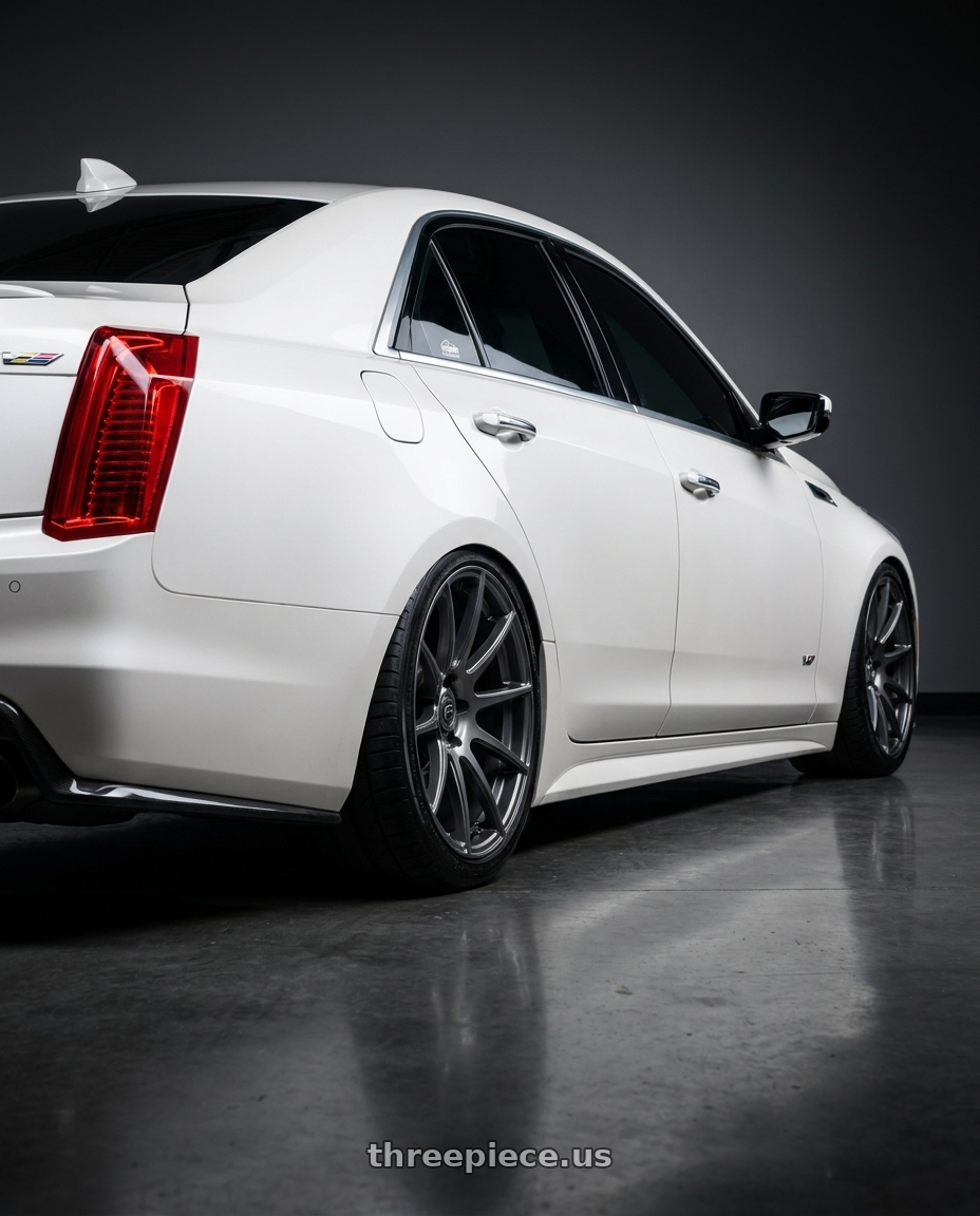 2018 Cadillac CTSV with Forgestar CF10 5x114.3 20x9 +35 Gloss Anthracite wheels rear three quarter view slight stretch tires