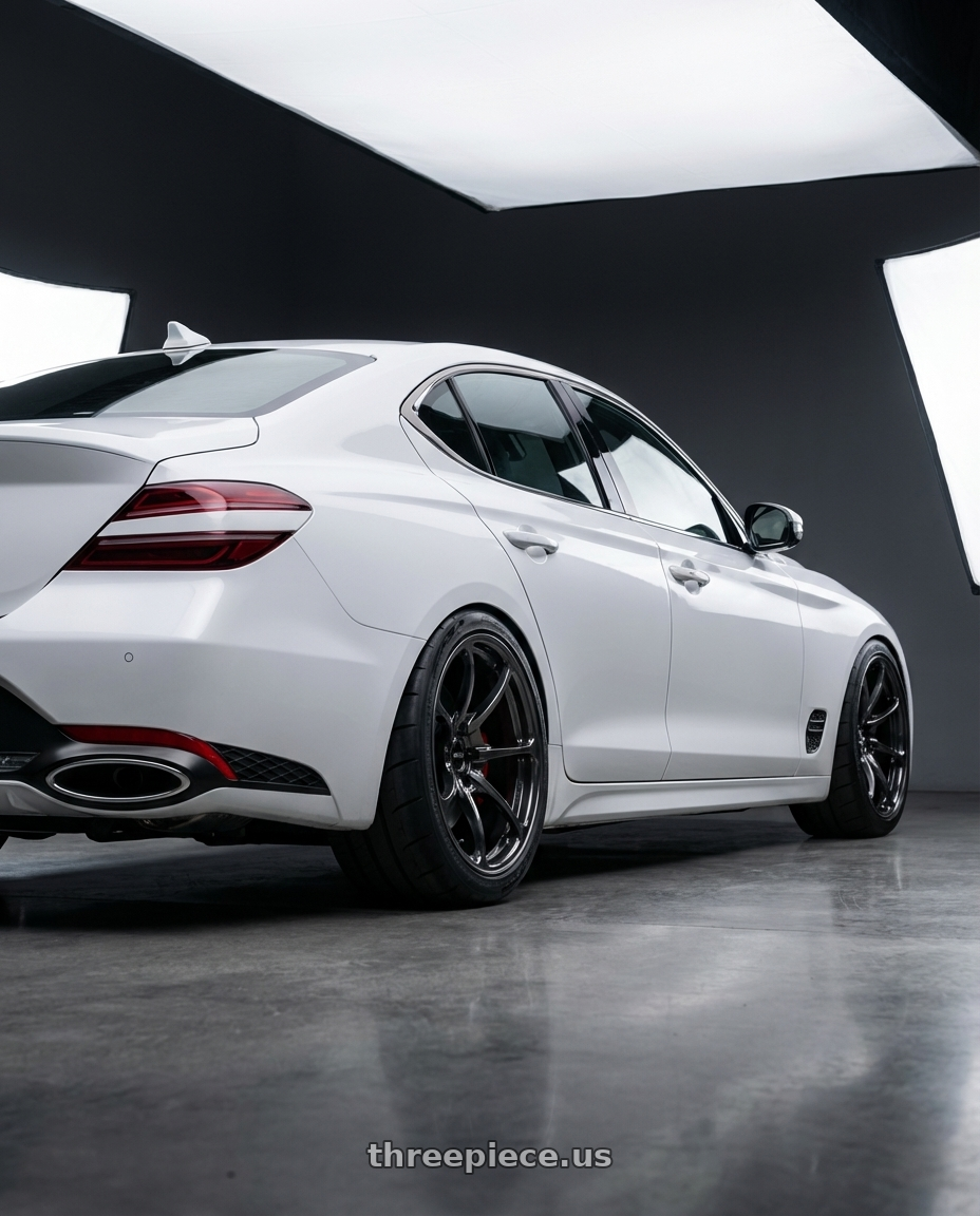 2002 Genesis G70 with Volk Racing NE24 5x120 19x9.5 +35 SHINING BLACK METAL wheels rear three quarter view meaty tires