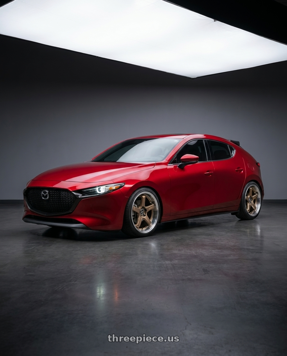 2026 Mazda 3 hatchback soul red with F1R FC5 5x114 18x8.5 +38 Satin Bronze/Polish Lip wheels