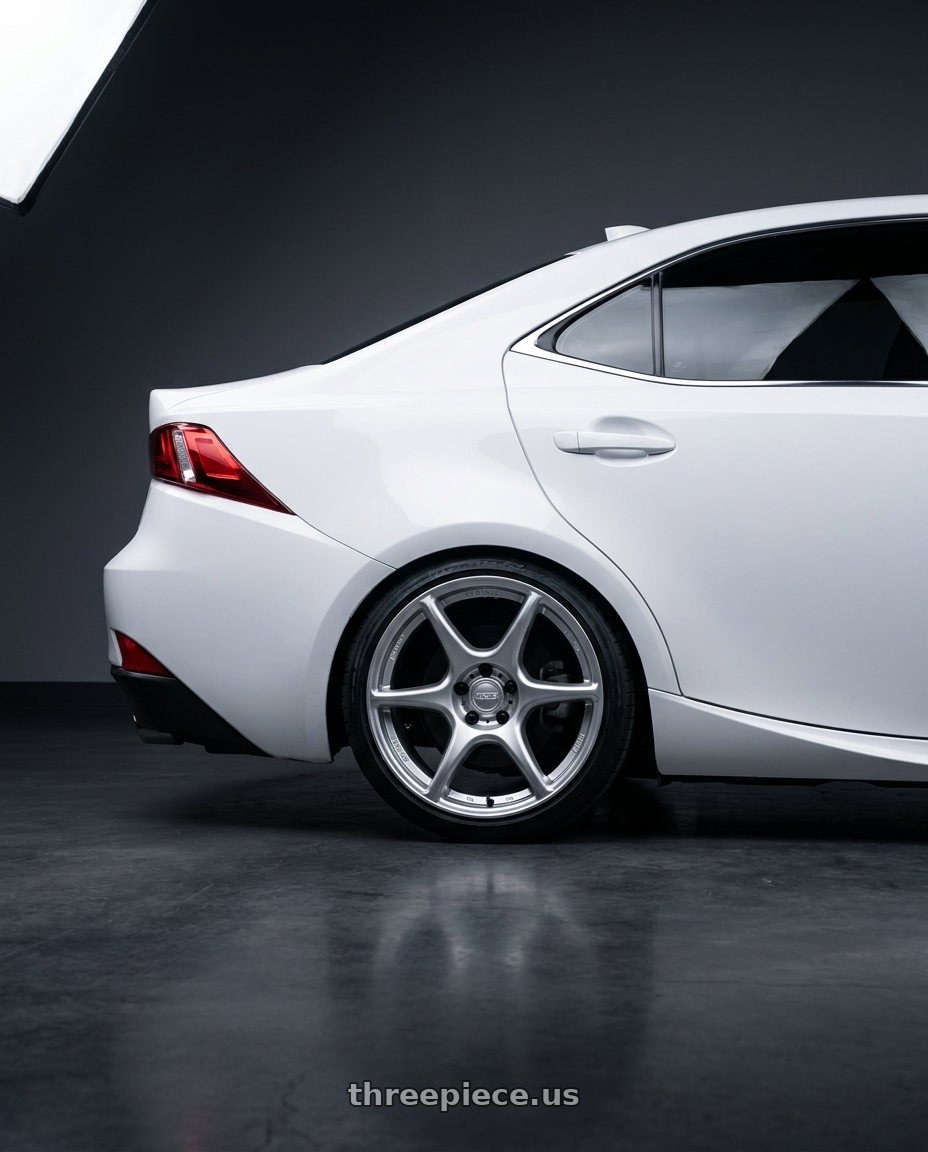 2016 lexus is with Kansei K11S Tandem 5x114.3 19x10.5 22 Hyper Silver wheels rear three quarter view square tires