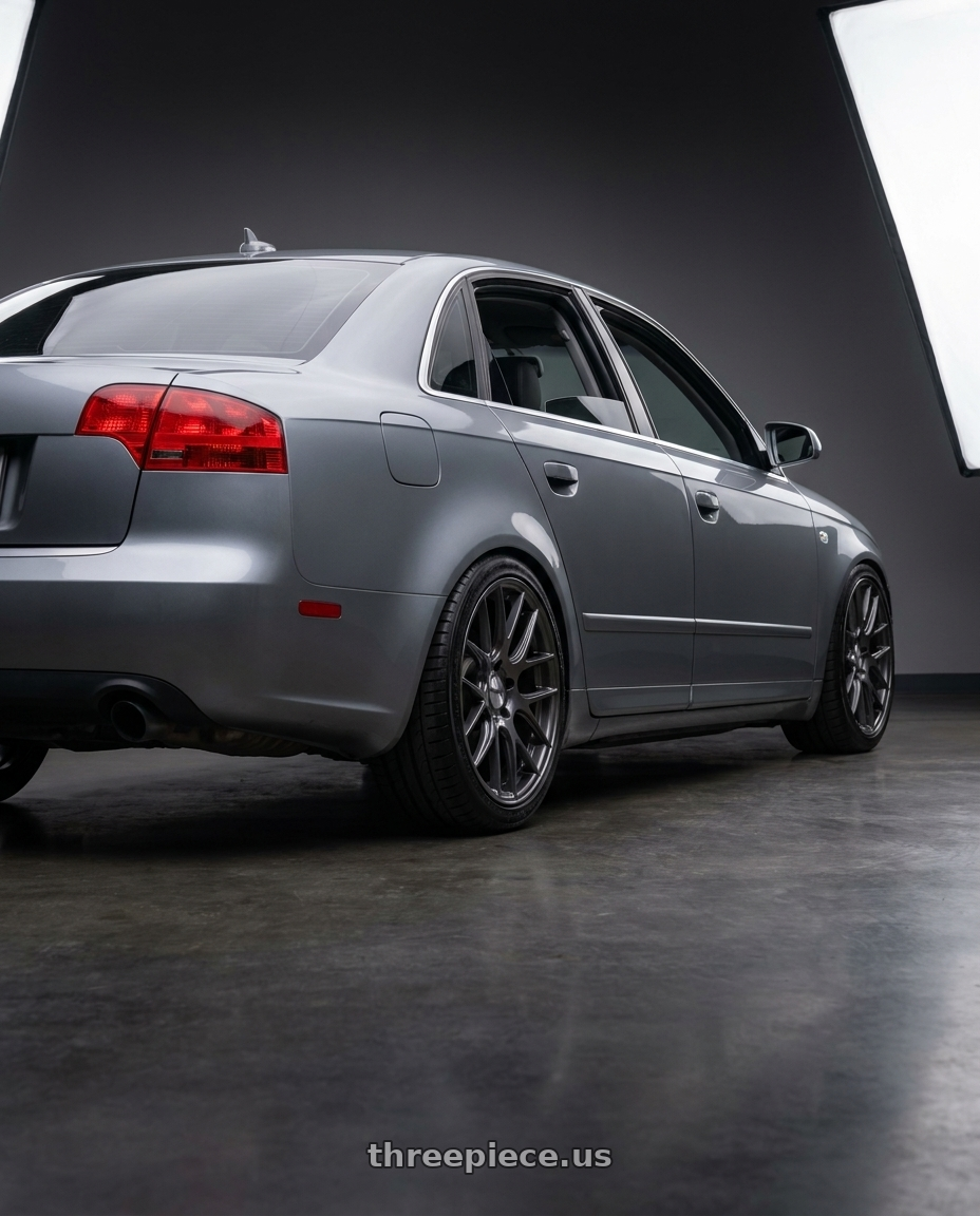 2005 Audi A4 B7 with TSW SPRINT 5X112 19X8.5 +32 GLOSS GUNMETAL wheels rear three quarter view slight stretch tires