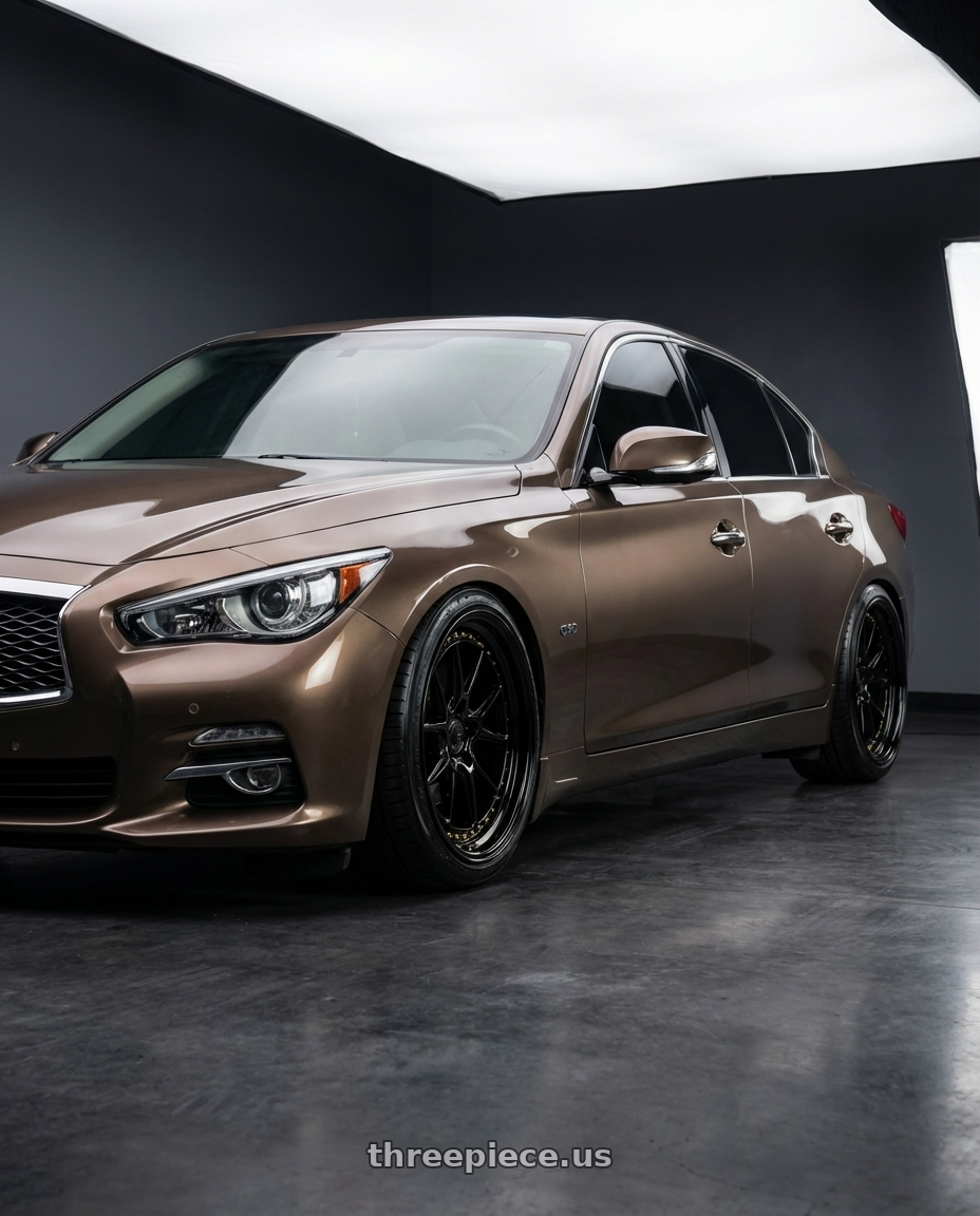 2014 Infiniti q50 chestnut bronze with Aodhan DS08 5x114.3 18x10.5+15 Gloss Black W /Gold Rivets wheels