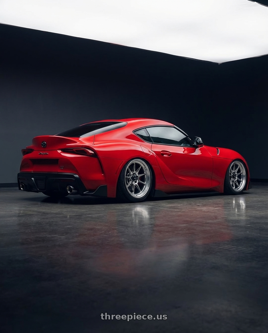 2023 Toyota GR Supra with Konig Countergram 5x112 19x8.5+43 Hyper Chrome / Machined Lip wheels rear three quarter view slight stretch tires