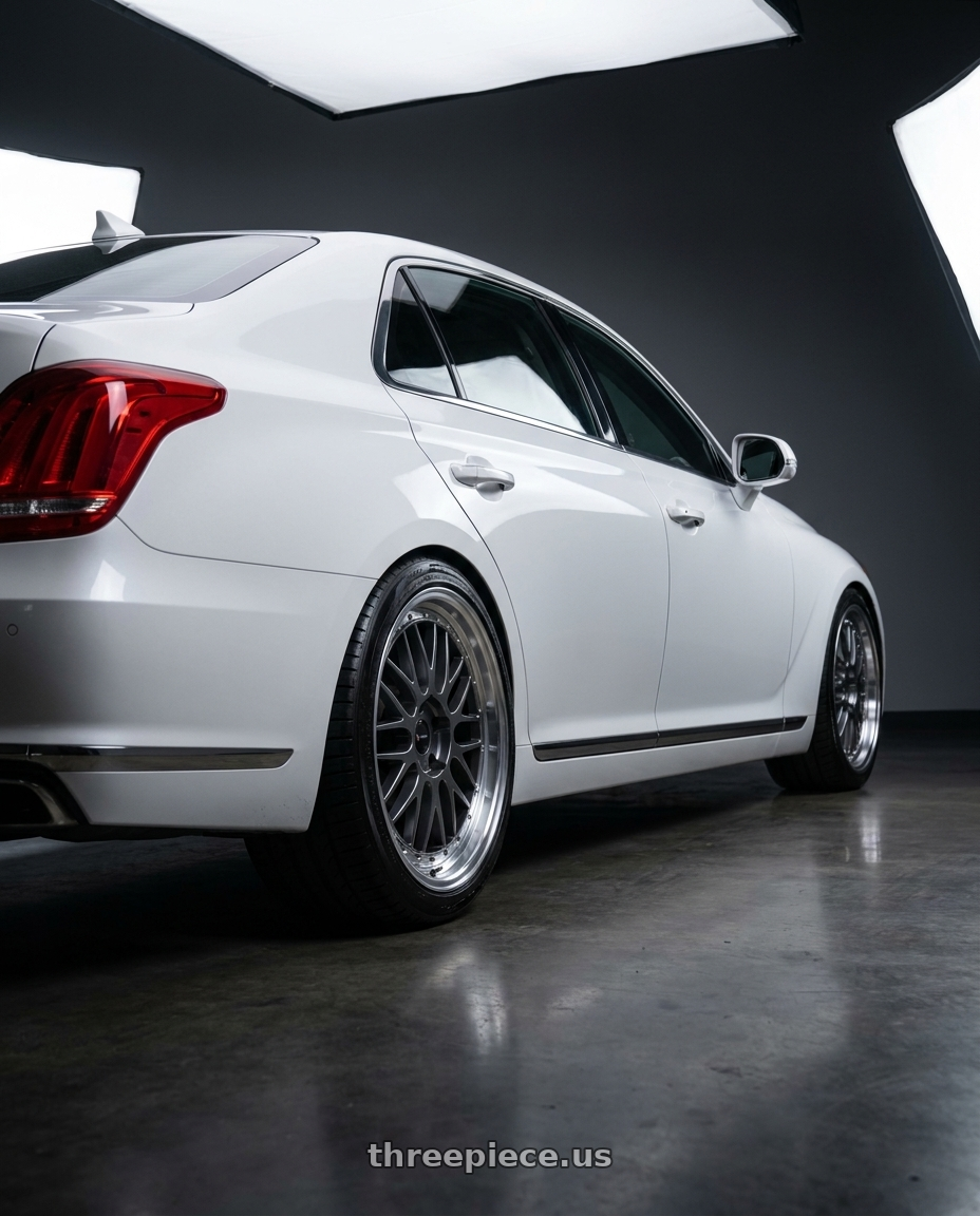 2018 genesis g90 ultimate with Vors VR8 5x114.3 20x8.5  +35 Hyper Black Machine Lip Chrome Rivet wheels rear three quarter view square tires