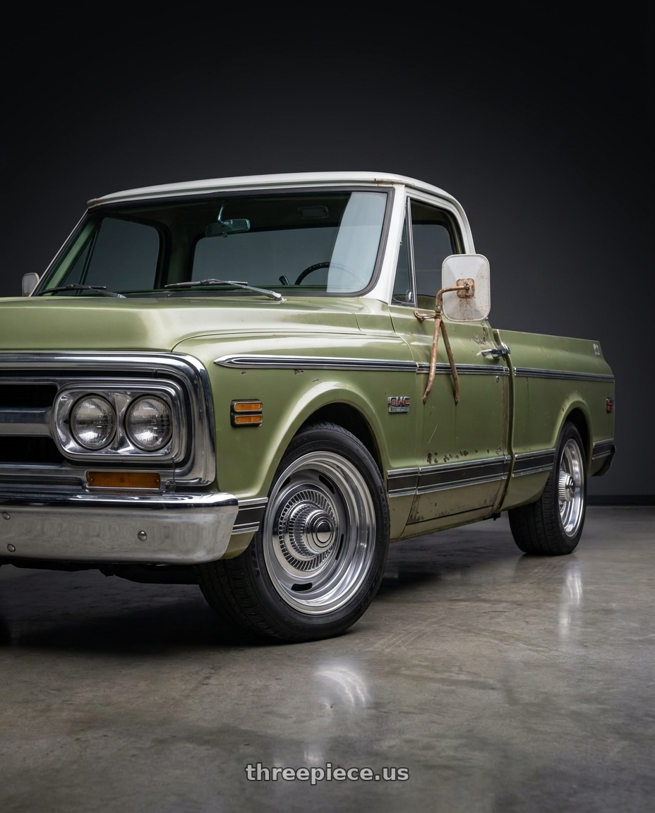 1969 gmc 1500 with Vision American-Muscle 55 Rally 5x114.3 15x7+6 Silver wheels