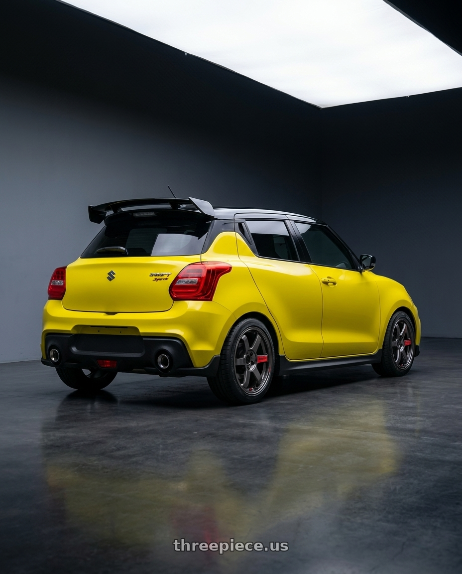 2018 swift sport with Volk Racing TE37 Saga SL 4x100 17x7.0+44 Pressed Graphite wheels rear three quarter view square tires